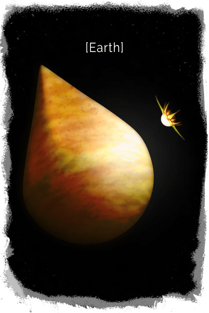 This is an image of the Earth, misshapen and yellowed. It now looks like a pyramid with a round bottom. There seems to be an artificial sun in its orbit.